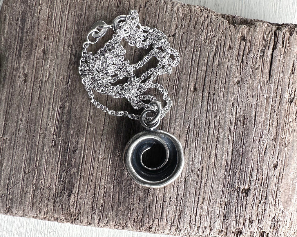 puka shell necklace pendant in sterling silver - organic spiral jewelry