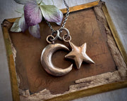 moon and star necklace pendant - bronze celestial jewelry