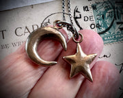 moon and star necklace pendant - bronze celestial jewelry