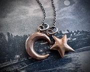 moon and star necklace pendant - bronze celestial jewelry