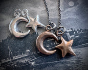 moon and star necklace pendant - bronze celestial jewelry