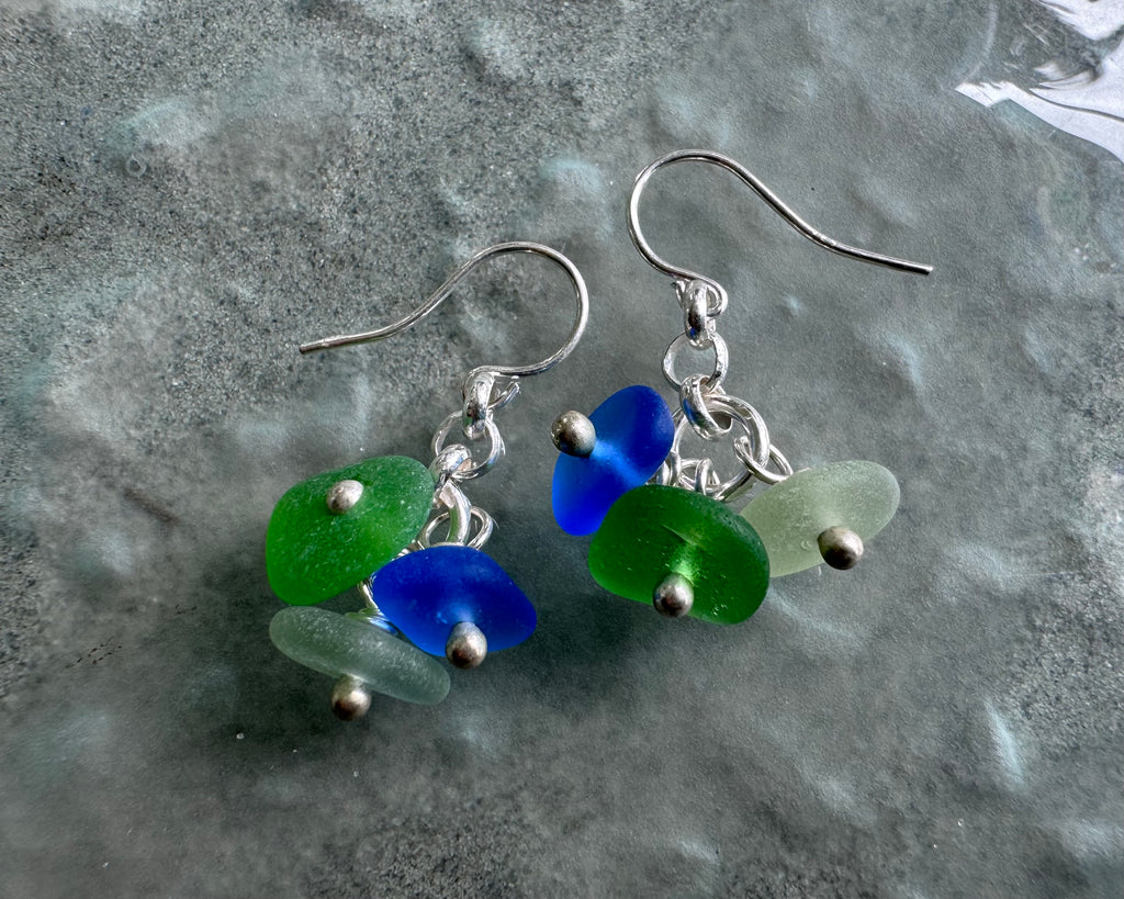 cha-cha sea glass earrings - trio of blue, green, sea foam sea glass