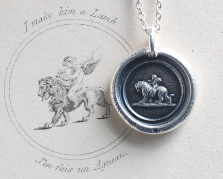 cupid riding lion wax seal necklace