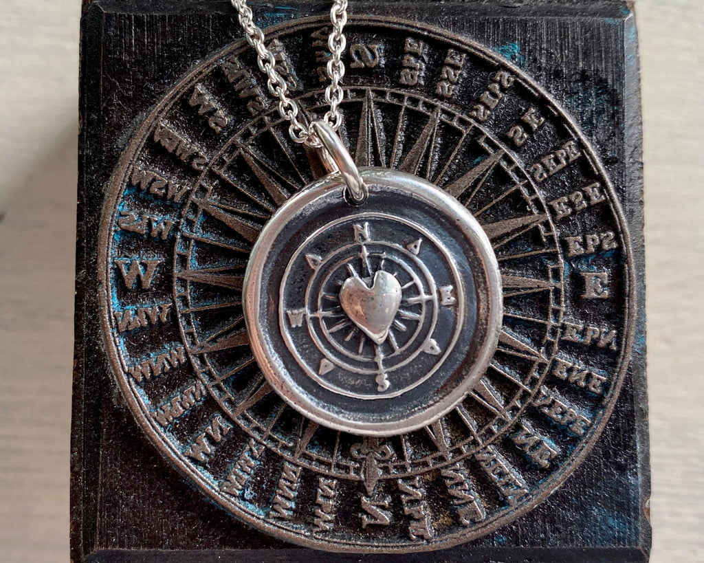 compass and heart wax seal necklace