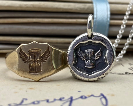 winged hourglass wax seal necklace