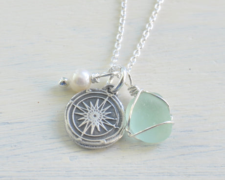 compass and sea glass necklace