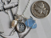 anchor wax seal, sea glass, and pearl charm necklace - hope, stability
