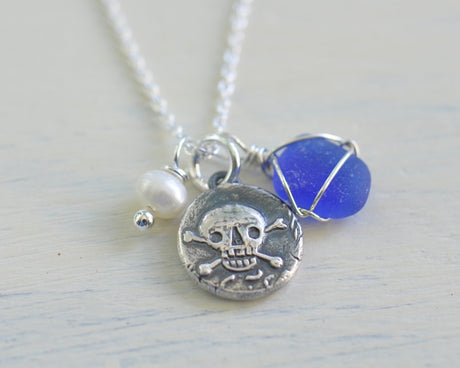 skull and sea glass charm necklace