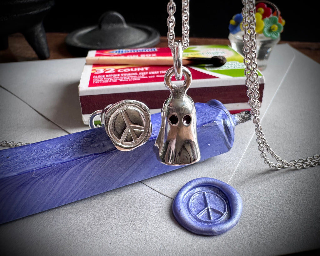 Winifred the ghost necklace pendant - impressionable peace sign ghost wax seal jewelry