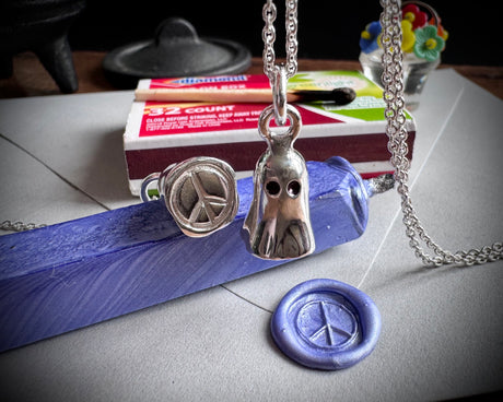Winifred the ghost necklace pendant - impressionable peace sign ghost wax seal jewelry