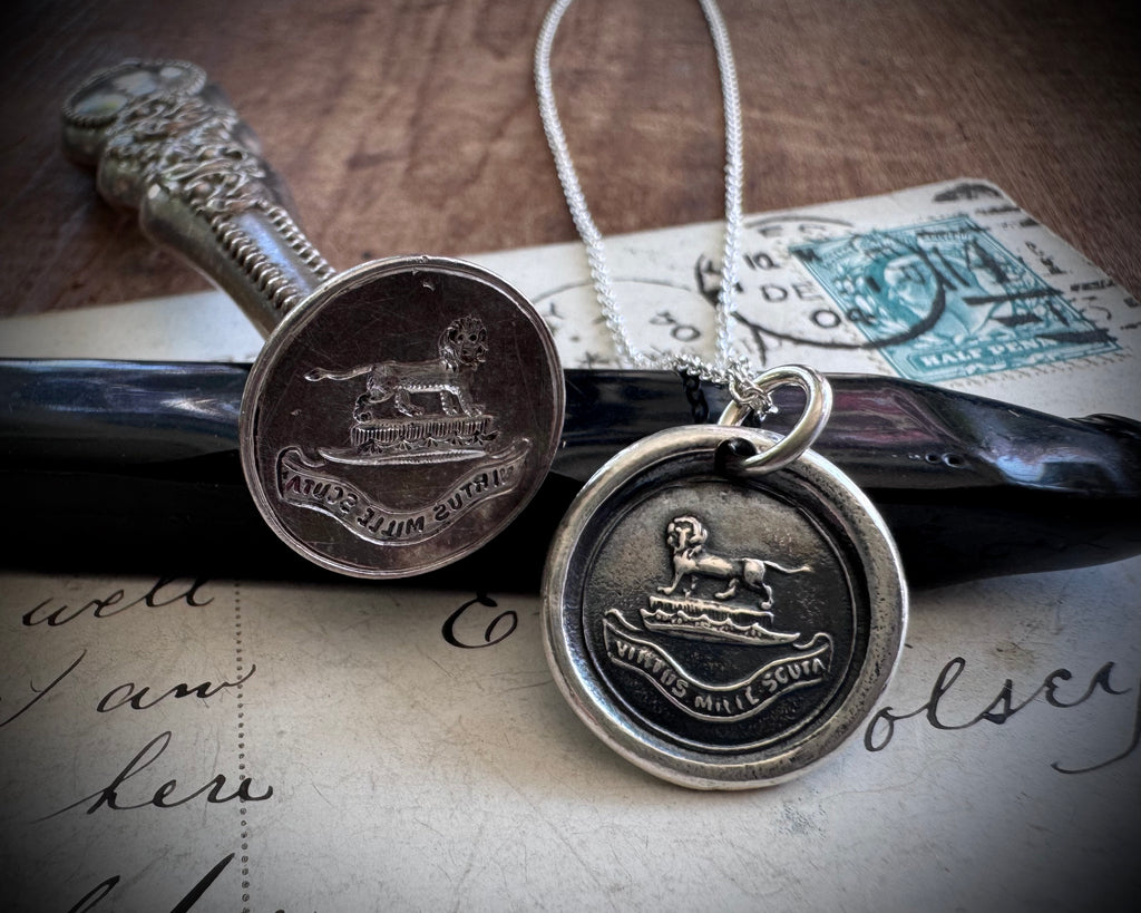 lion wax seal necklace - VIRTUS MILLE SCUTA - virtue - Howard family crest