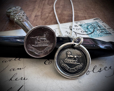 lion wax seal necklace - VIRTUS MILLE SCUTA - virtue - Howard family crest