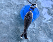 fish with legs necklace pendant - historic fish out of water jewelry