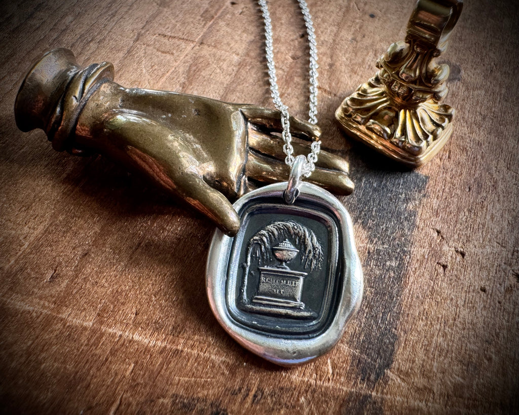 urn under a weeping willow tree - remember me - impressed mourning jewelry