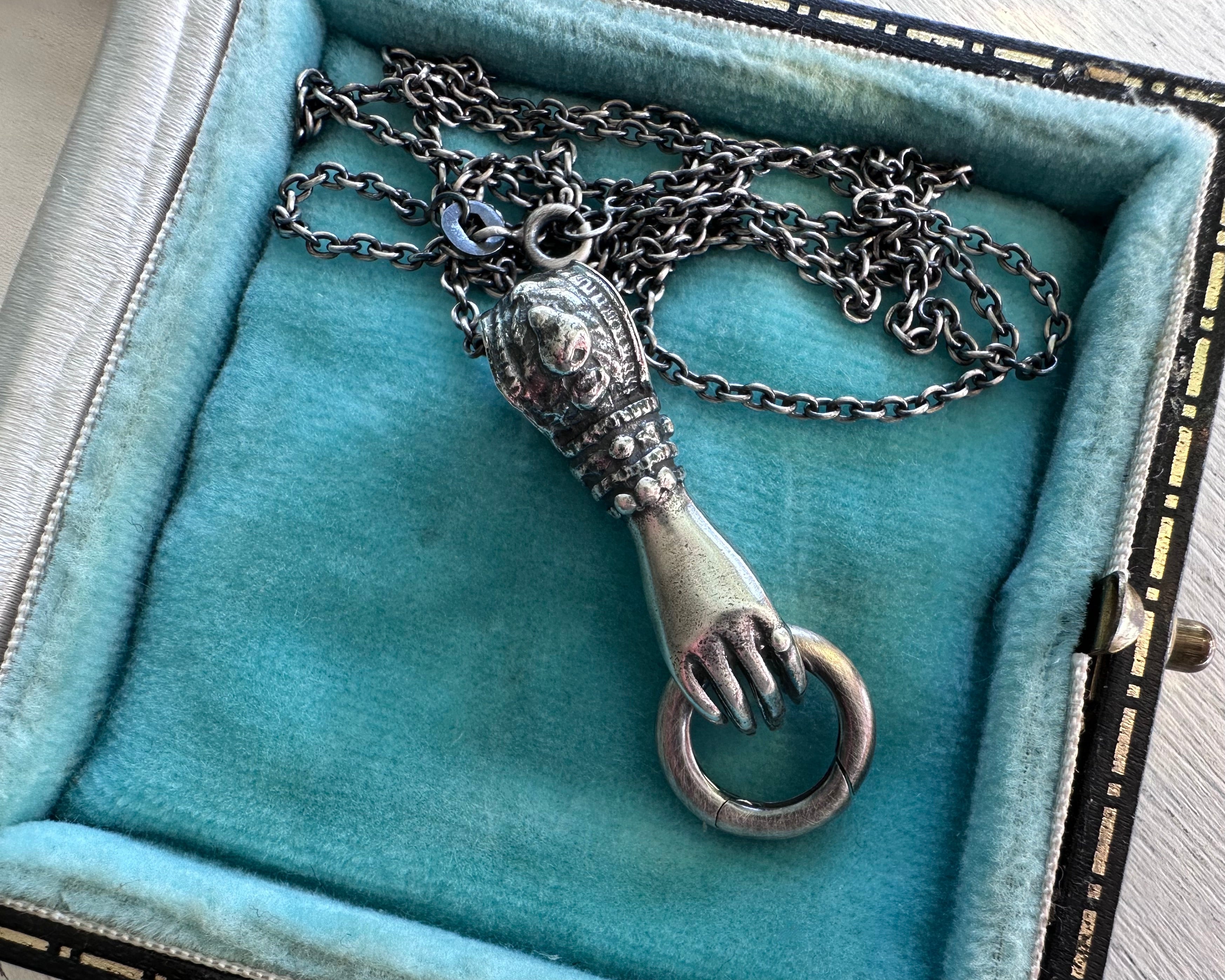 Victorian hand holding charm holder necklace pendant - figural