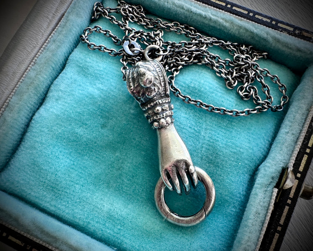 Victorian hand holding charm holder necklace pendant - figural right hand jewelry