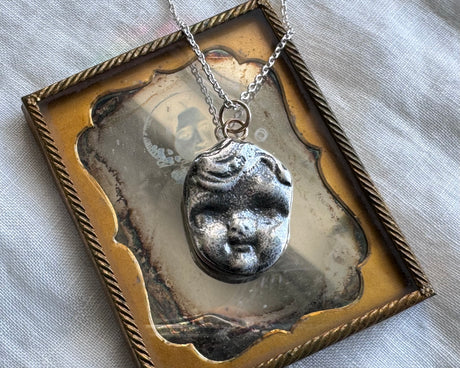 doll face necklace pendant - sterling silver with gold accents Frozen Charlotte