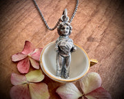 Frozen Charlotte doll necklace pendant - holding a heart - doll jewelry