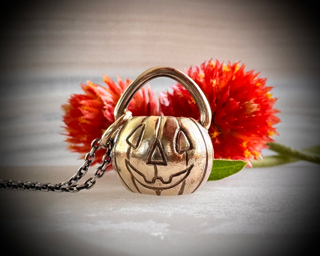 Jack O'Lantern pumpkin pail necklace pendant in gold - custom for G