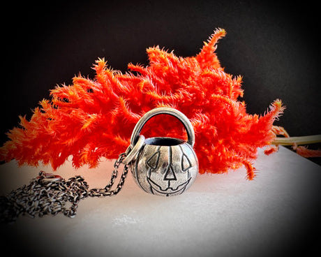 Jack O'Lantern pumpkin pail necklace pendant - Halloween jewelry