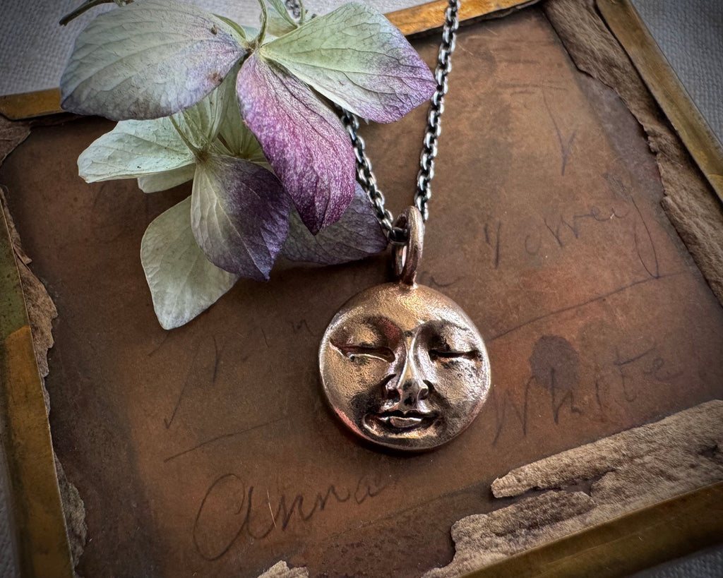 full moon necklace pendant - bronze - man in the moon jewelry