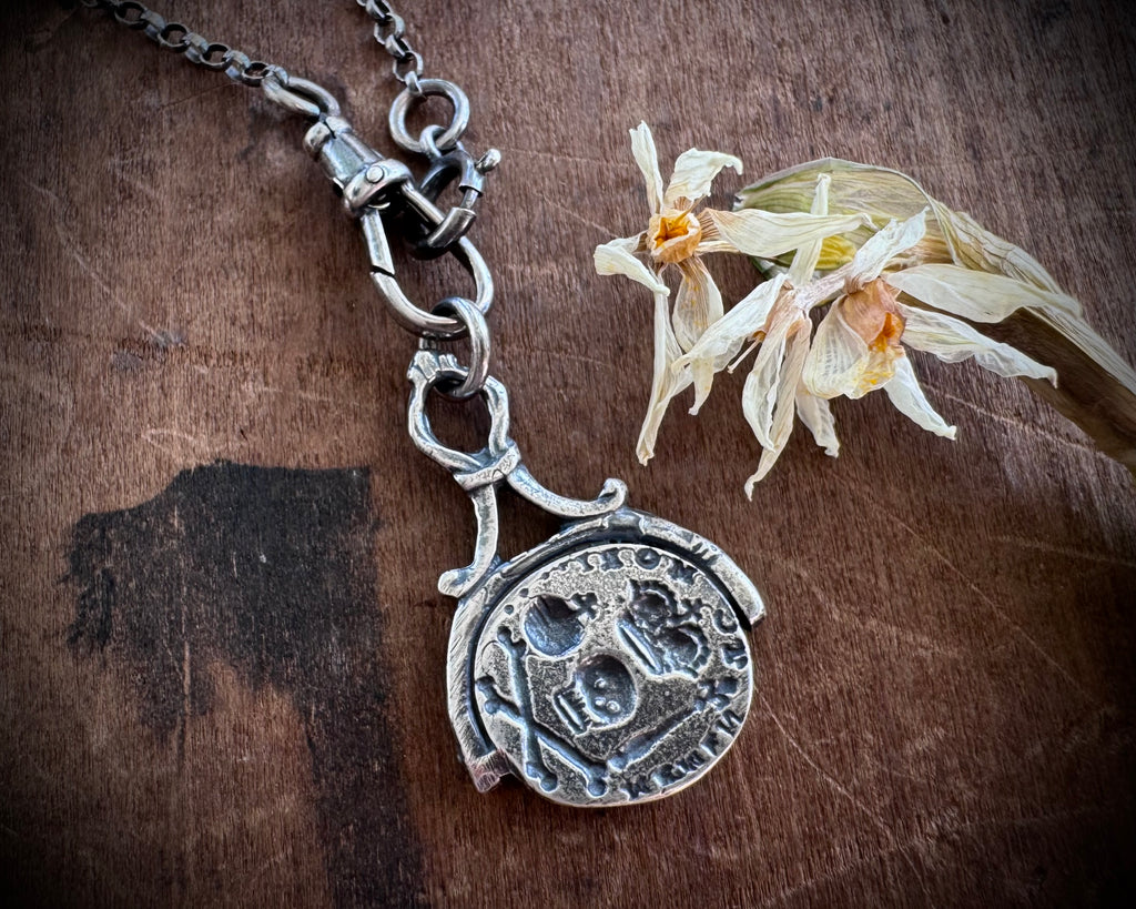 memento mori skull and bones pendant -  reversible fob wax seal jewelry