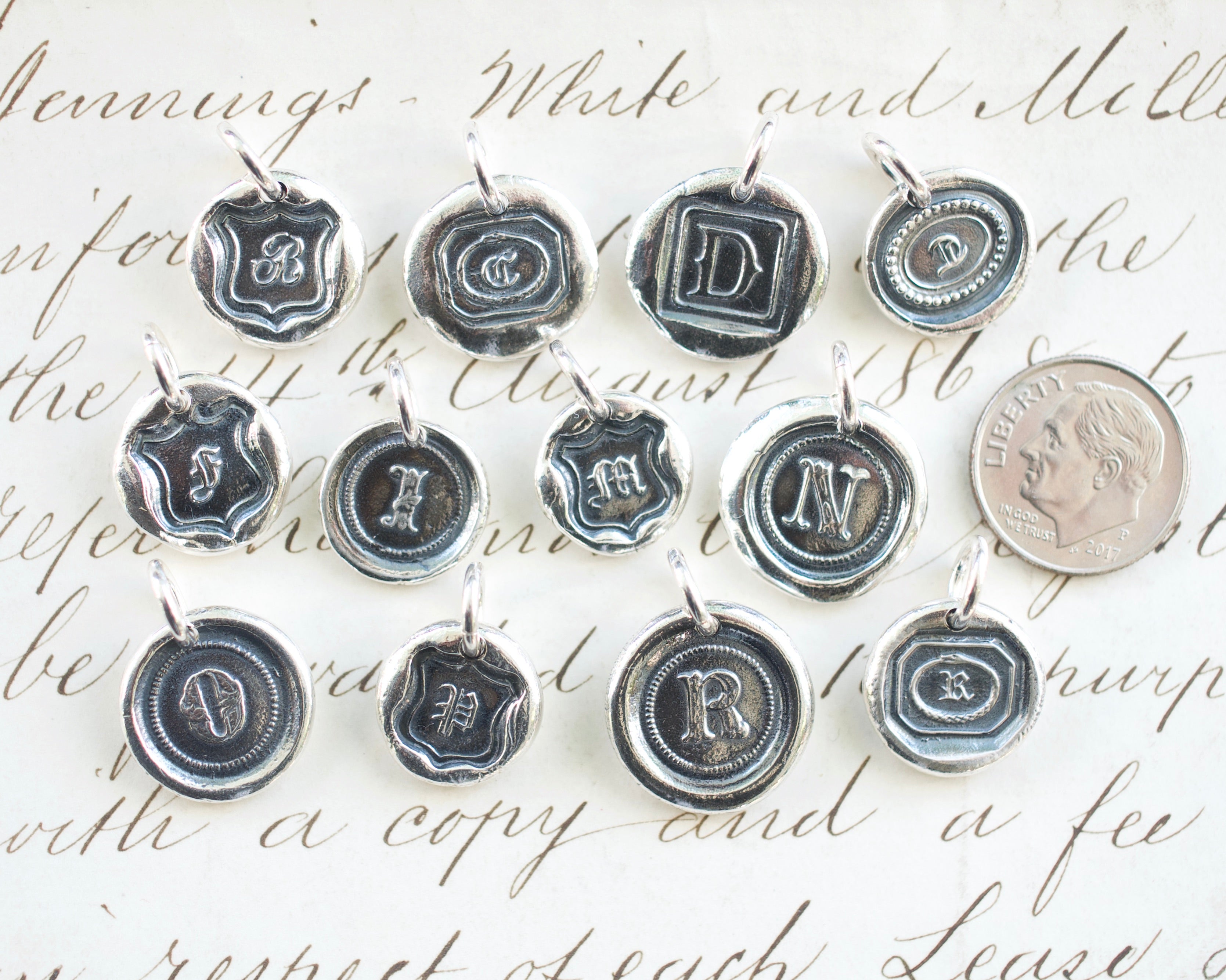 Alphabet Wax Seal Charms | Initial Tag | Round Letter Pendant | Personalised Jewellery Making (1 Piece / Tibetan Silver / 18mm x 19mm) A