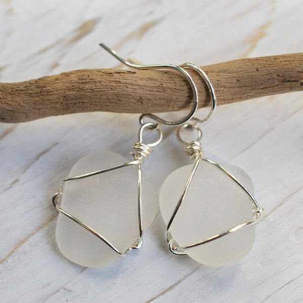 Beach Glass Small White Sterling Earrings - Silver Fox Jewelry