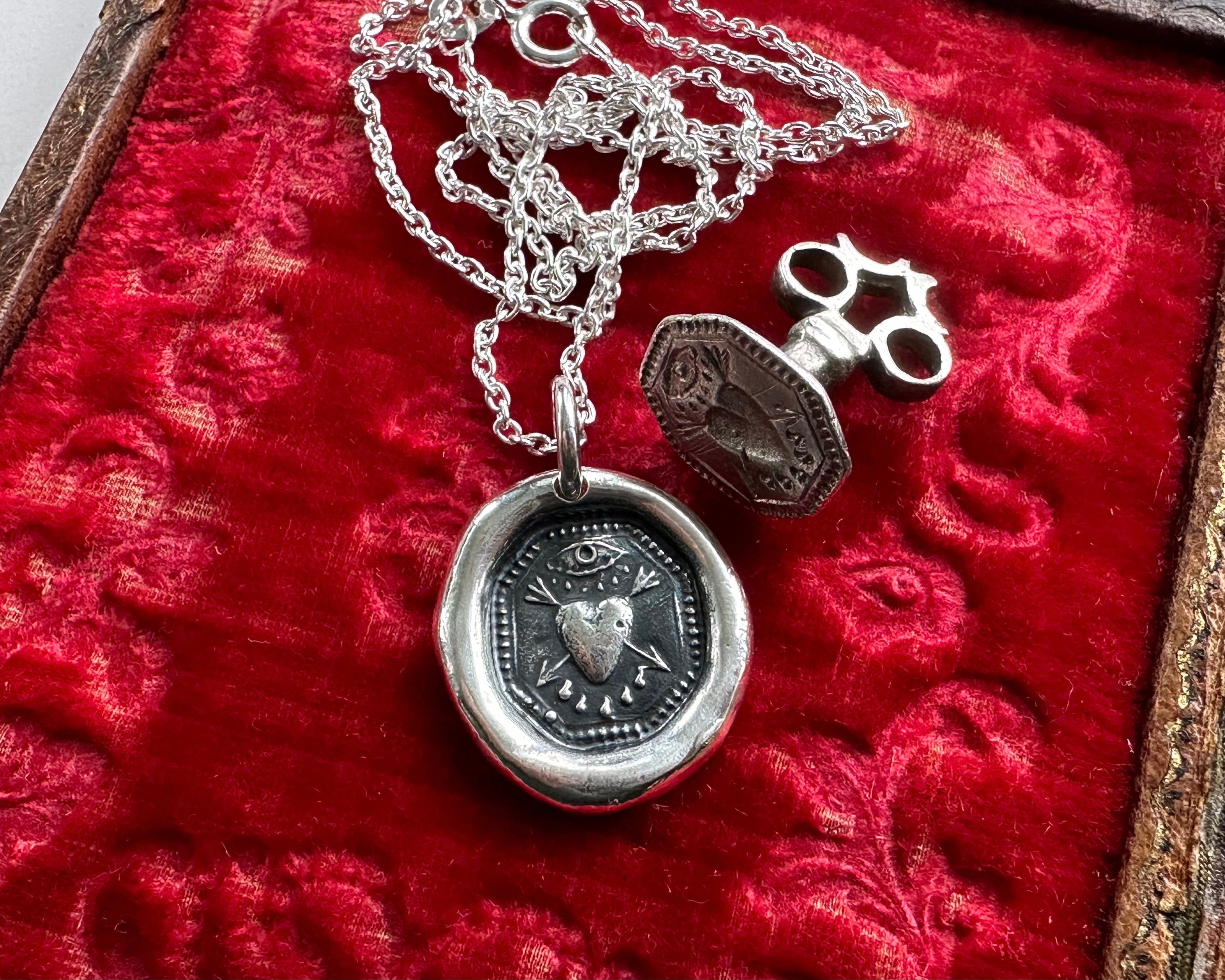 bleeding heart wax seal necklace charm - larger charm - wax seal jewel |  suegray jewelry