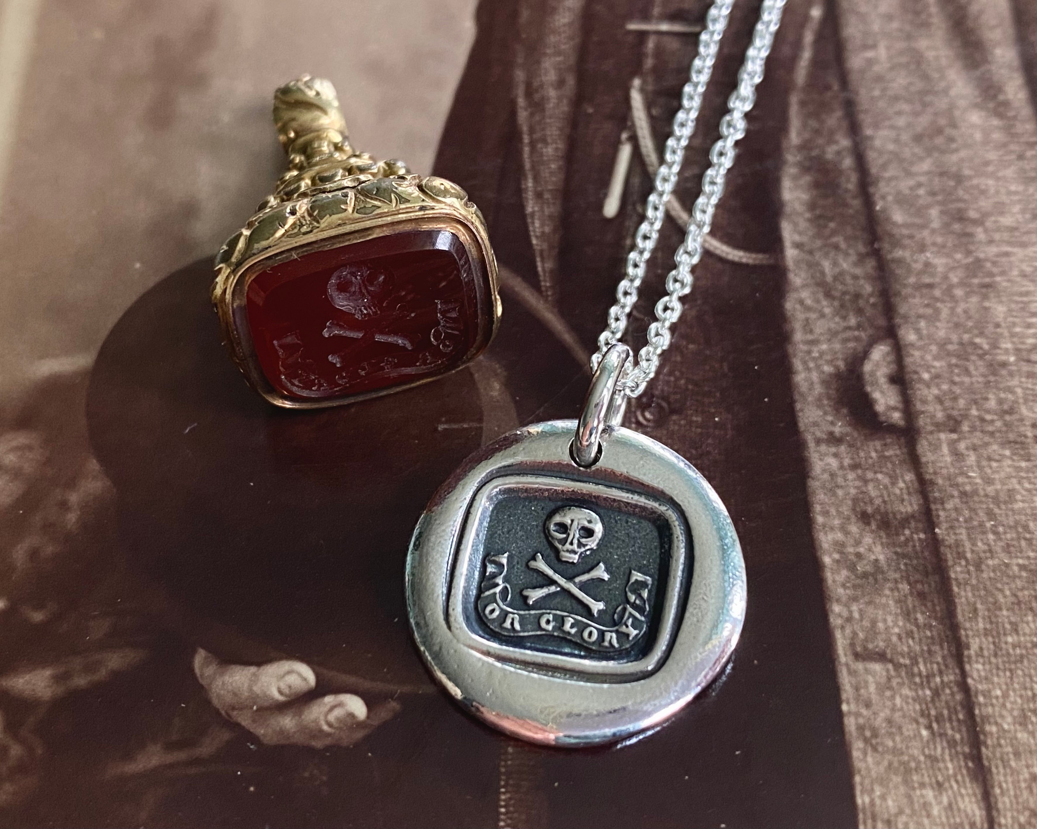 skull and crossbones wax seal necklace - death or glory | suegray jewelry