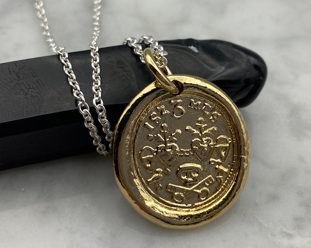 gold skull wax seal necklace
