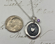 amethyst charm on the bleeding heart wax seal necklace