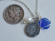 sea glass and compass charm necklace