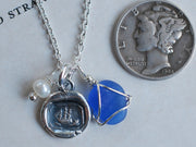 ship wax seal, sea glass, and pearl trio charm necklace