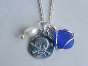 skull and sea glass charm necklace