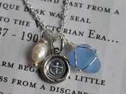 anchor and sea glass wax seal charm necklace