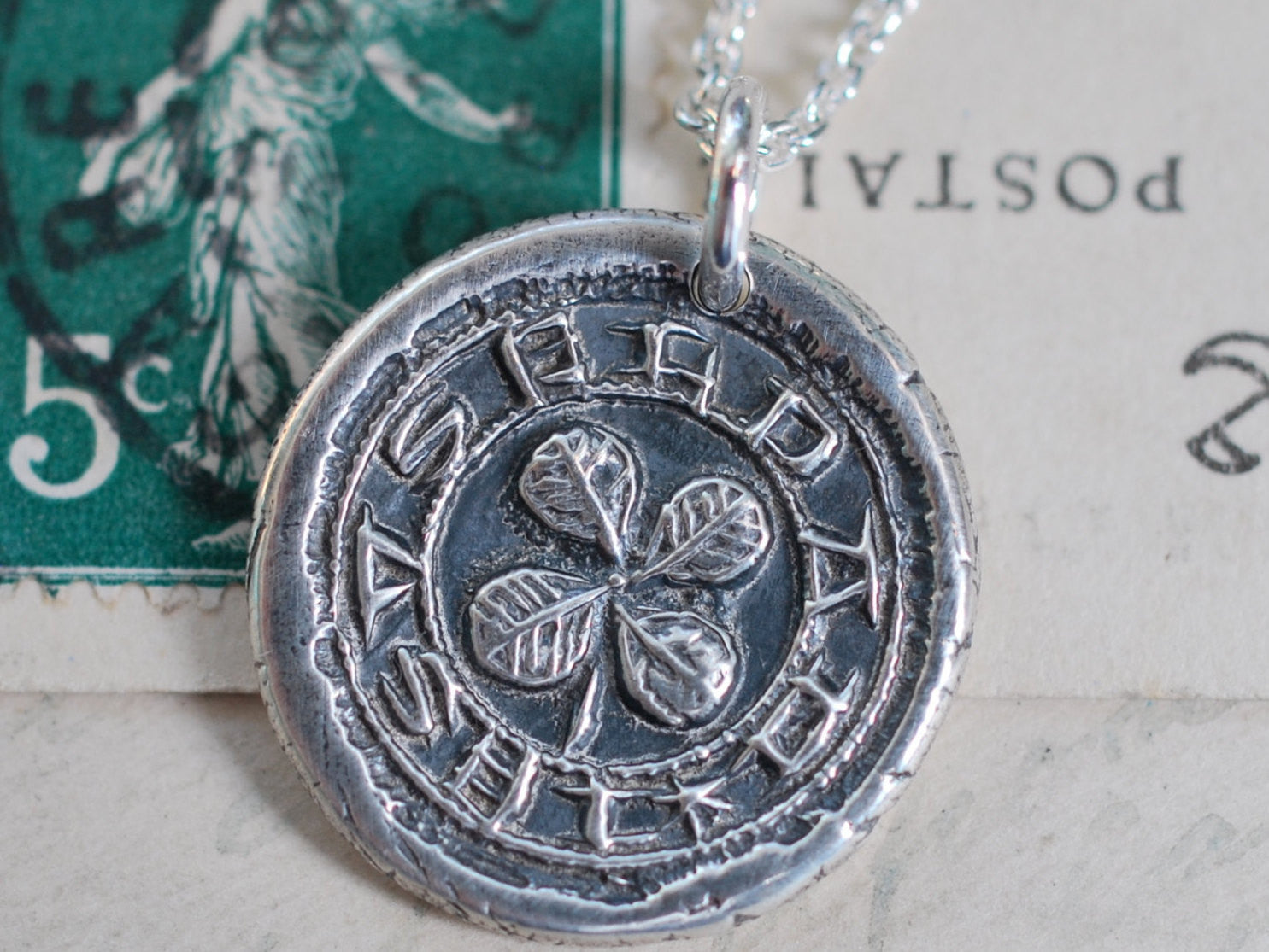 four leaf clover wax seal necklace - medieval wax seal jewelry